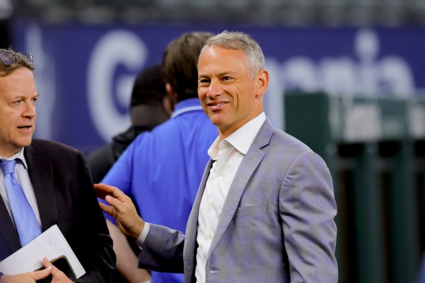 Cubs President Jed Hoyer speaks with the media before the season opener against the Rangers on March 28, 2024, in Arlington, Texas. (Gareth Patterson/AP)