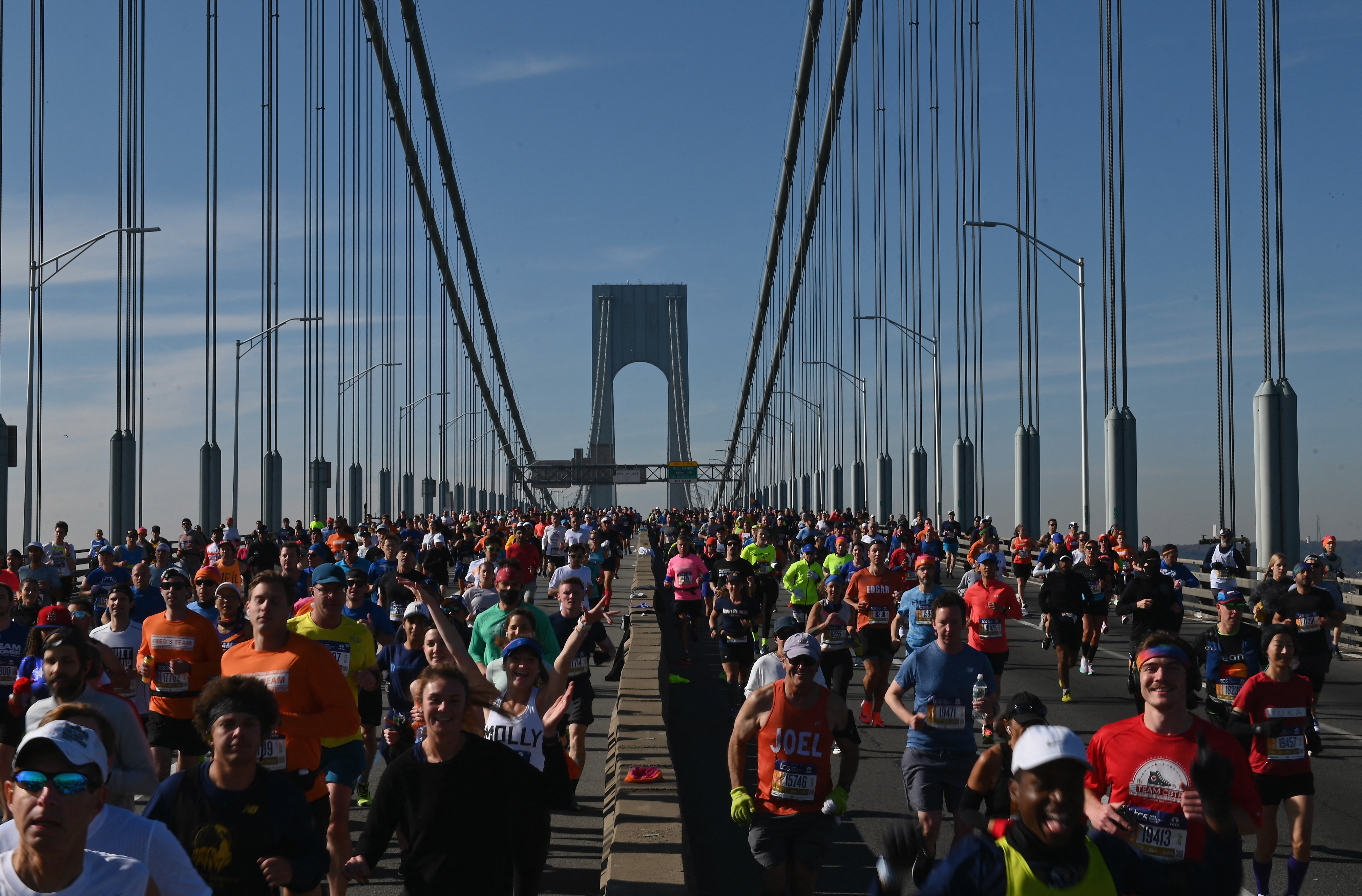 Runners cross the Verrazzano-Narrows Bridge during the 2021 TCS New York City Marathon in New York on Nov. 7, 2021.