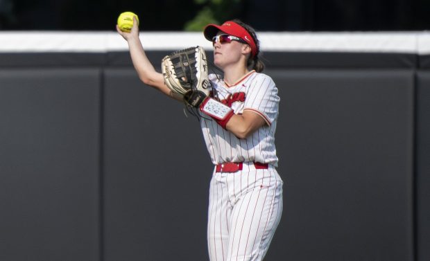 Andrean's Grace Wardingley throws the ball to the infield during the Class 2A state championship game against North Posey on Friday, June 9, 2023 in West Lafayette. (Michael Gard / Post-Tribune)
