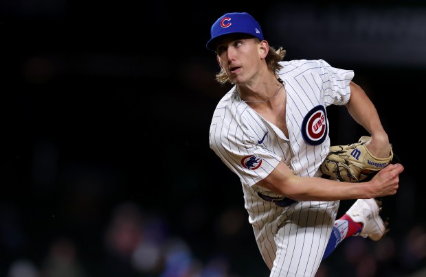 Chicago Cubs relief pitcher Ben Brown (32) follows through on a pitch in the second inning of a game against the Colorado Rockies at Wrigley Field in Chicago on Wednesday, April 3, 2024. (Chris Sweda/Chicago Tribune)