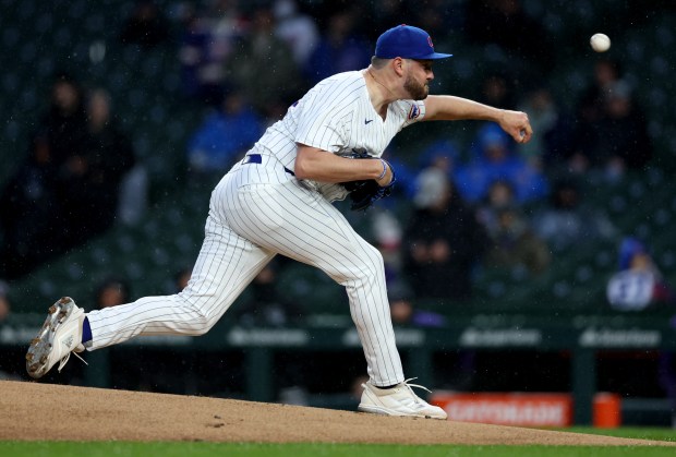 Chicago Cubs starting pitcher Luke Little (43) delivers to the Colorado Rockies in the first inning of a game at Wrigley Field in Chicago on Wednesday, April 3, 2024. (Chris Sweda/Chicago Tribune)