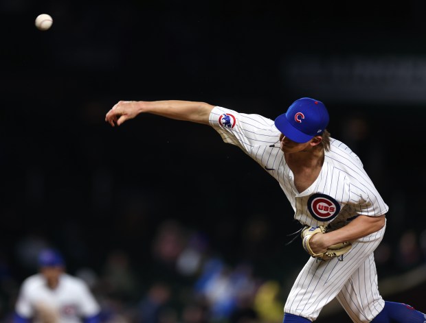Chicago Cubs relief pitcher Ben Brown (32) delivers to the Colorado Rockies in the second inning of a game at Wrigley Field in Chicago on Wednesday, April 3, 2024. (Chris Sweda/Chicago Tribune)