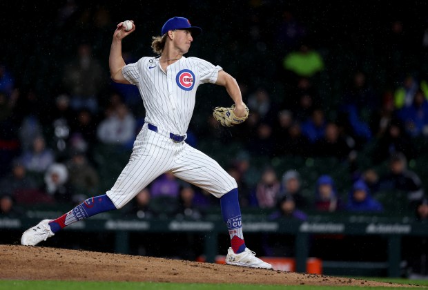 Chicago Cubs relief pitcher Ben Brown (32) delivers to the Colorado Rockies in the fourth inning of a game at Wrigley Field in Chicago on Wednesday, April 3, 2024. (Chris Sweda/Chicago Tribune)