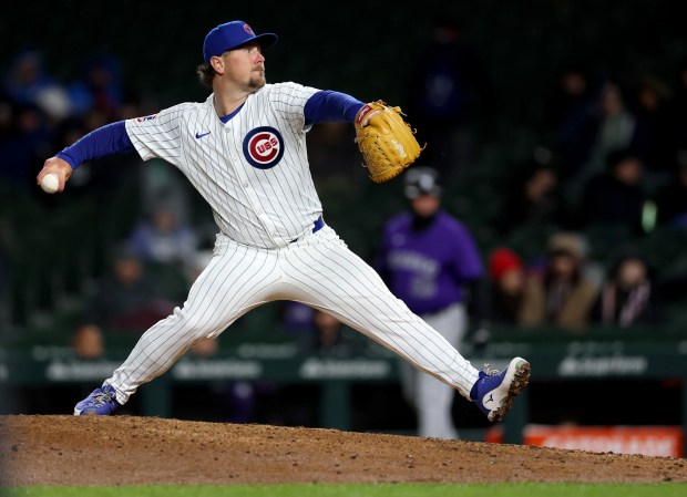 Chicago Cubs relief pitcher Mark Leiter Jr. (38) delivers to the Colorado Rockies in the sixth inning of a game at Wrigley Field in Chicago on Wednesday, April 3, 2024. (Chris Sweda/Chicago Tribune)