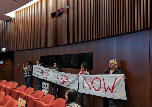 Audience members hold up a "ceasefire now" sign at the Naperville City Council meeting April 2, 2024. (Tess Kenny/Naperville Sun)