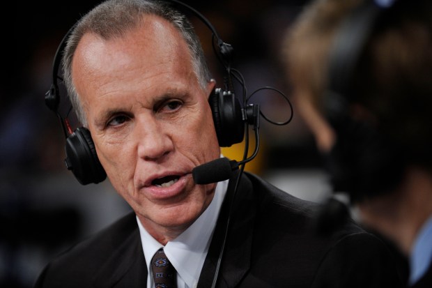Broadcaster Doug Collins talks before the Lakers and Spurs play in Game 5 of the Western Conference Finals on May 29, 2008, in Los Angeles. (Kevork Djansezian/AP)