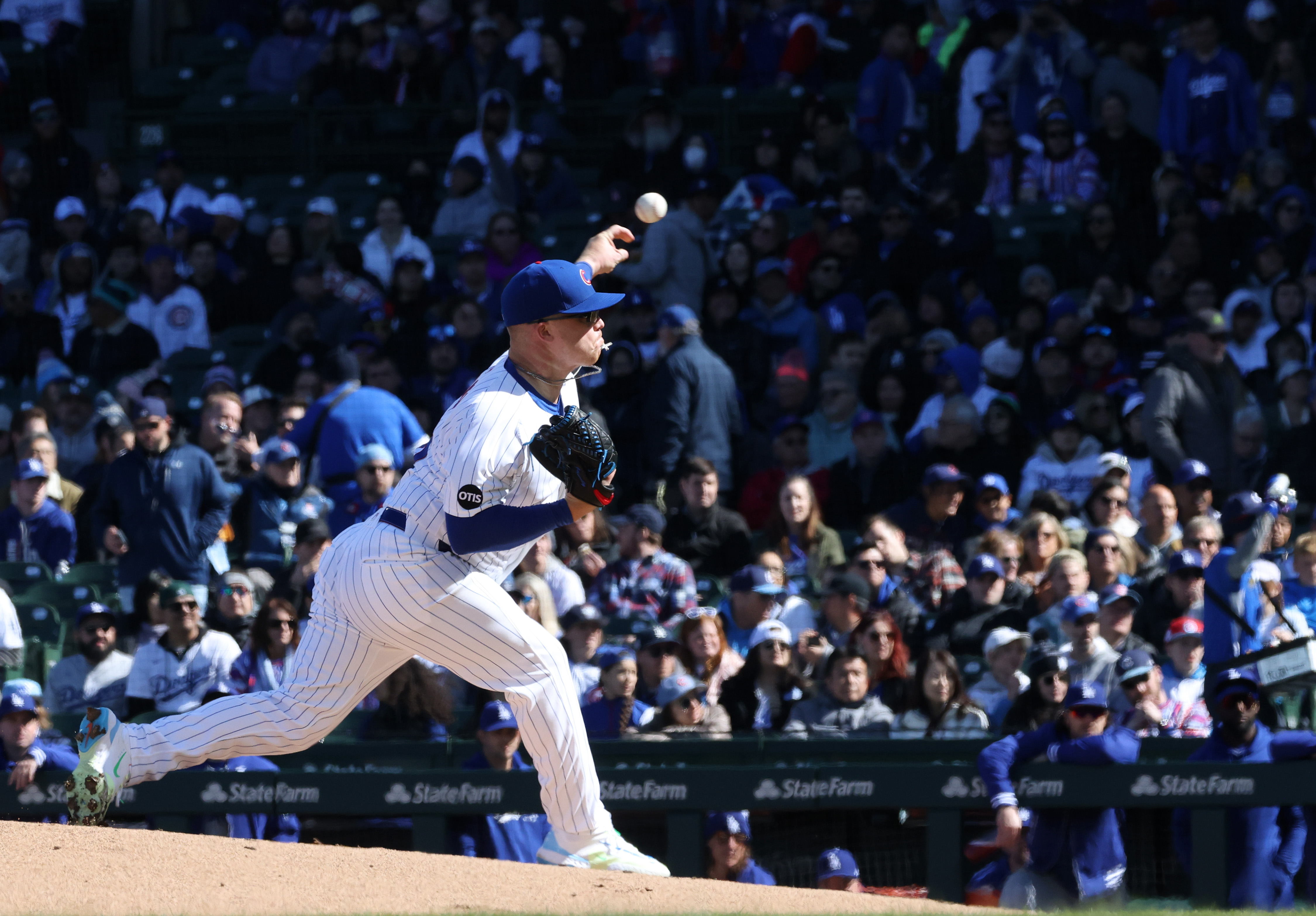 Cubs pitcher Jordan Wicks delivers against the Dodgers in the first inning on April 6, 2024, at Wrigley Field. (John J. Kim/Chicago Tribune)