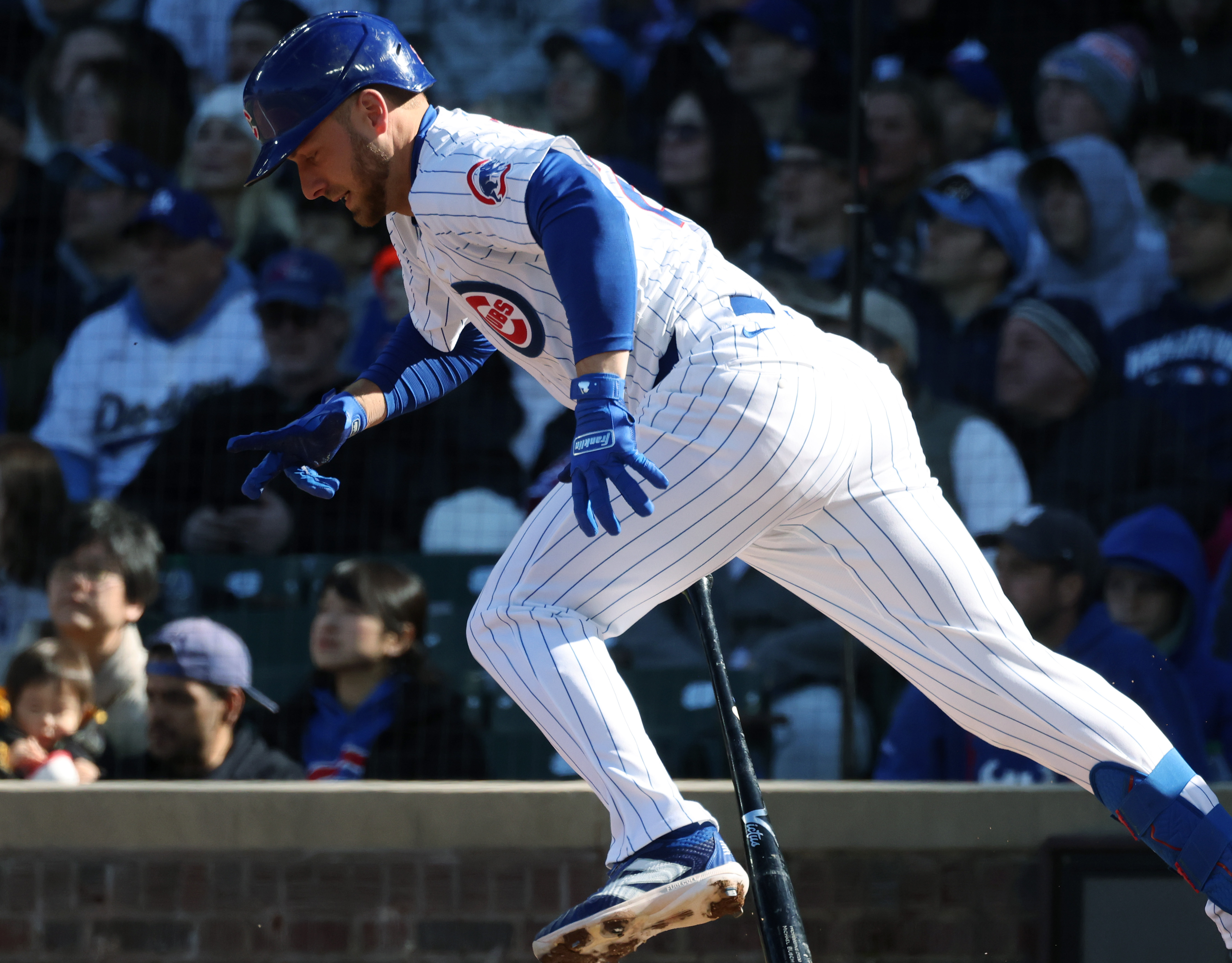 Cubs first baseman Michael Busch grounds out against the Dodgers in the third inning on April 6, 2024, at Wrigley Field. (John J. Kim/Chicago Tribune)