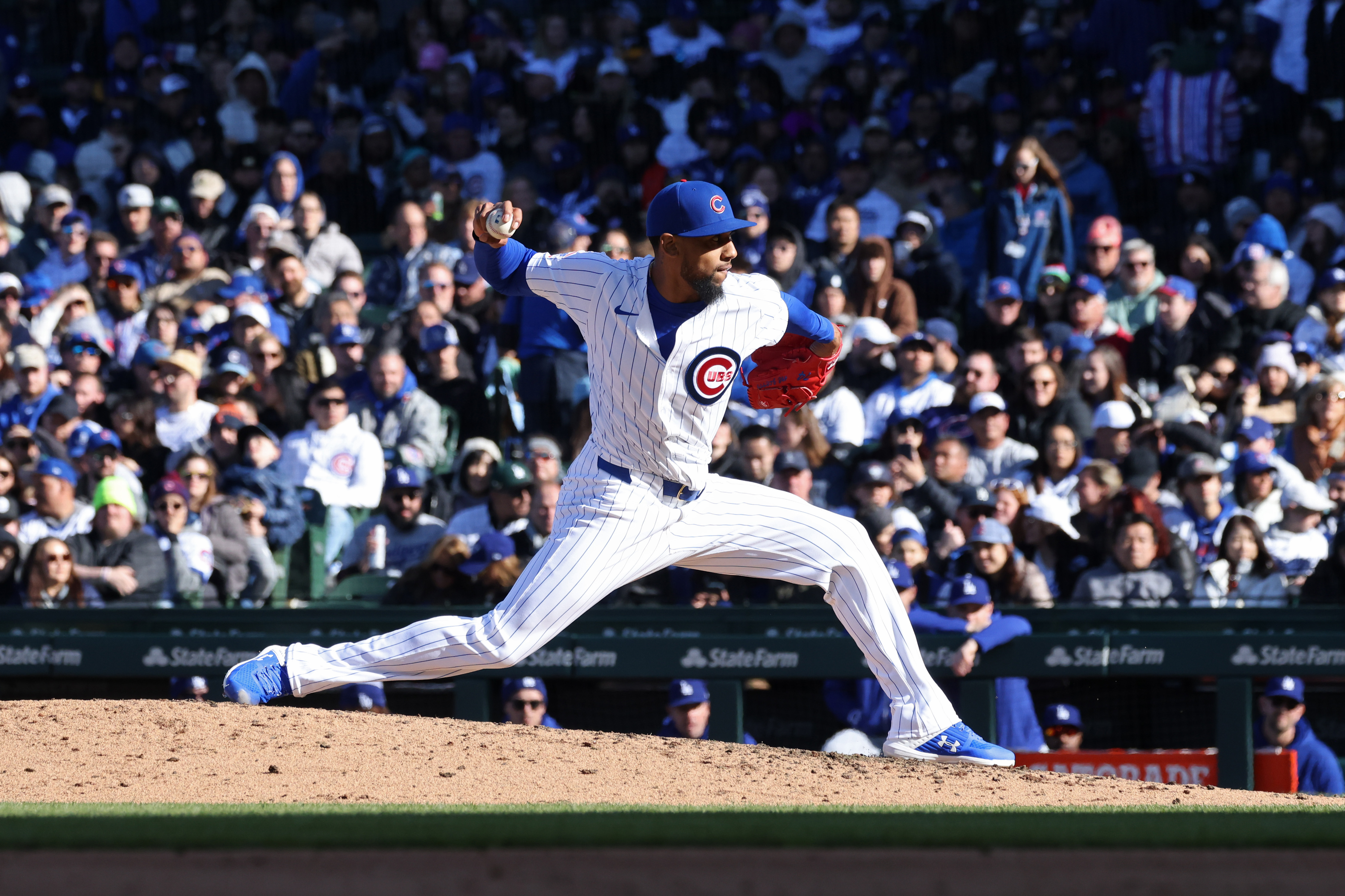 Cubs relief pitcher Jose Cuas throws in the fifth inning against the Dodgers on April 6, 2024, at Wrigley Field. (John J. Kim/Chicago Tribune)