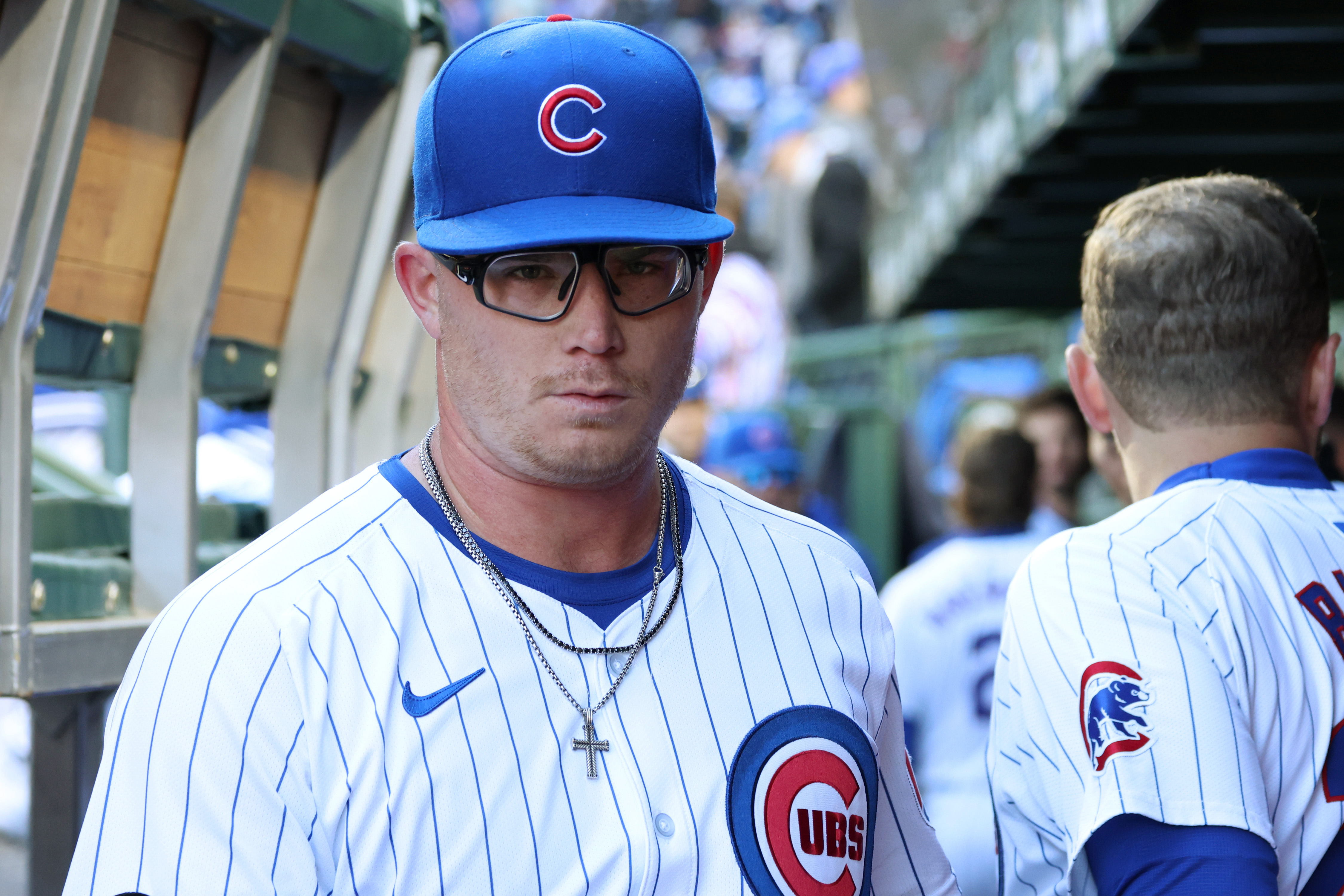 Cubs pitcher Jordan Wicks walks through the dugout after the top of the third inning against the Dodgers on April 6, 2024, at Wrigley Field. (John J. Kim/Chicago Tribune)