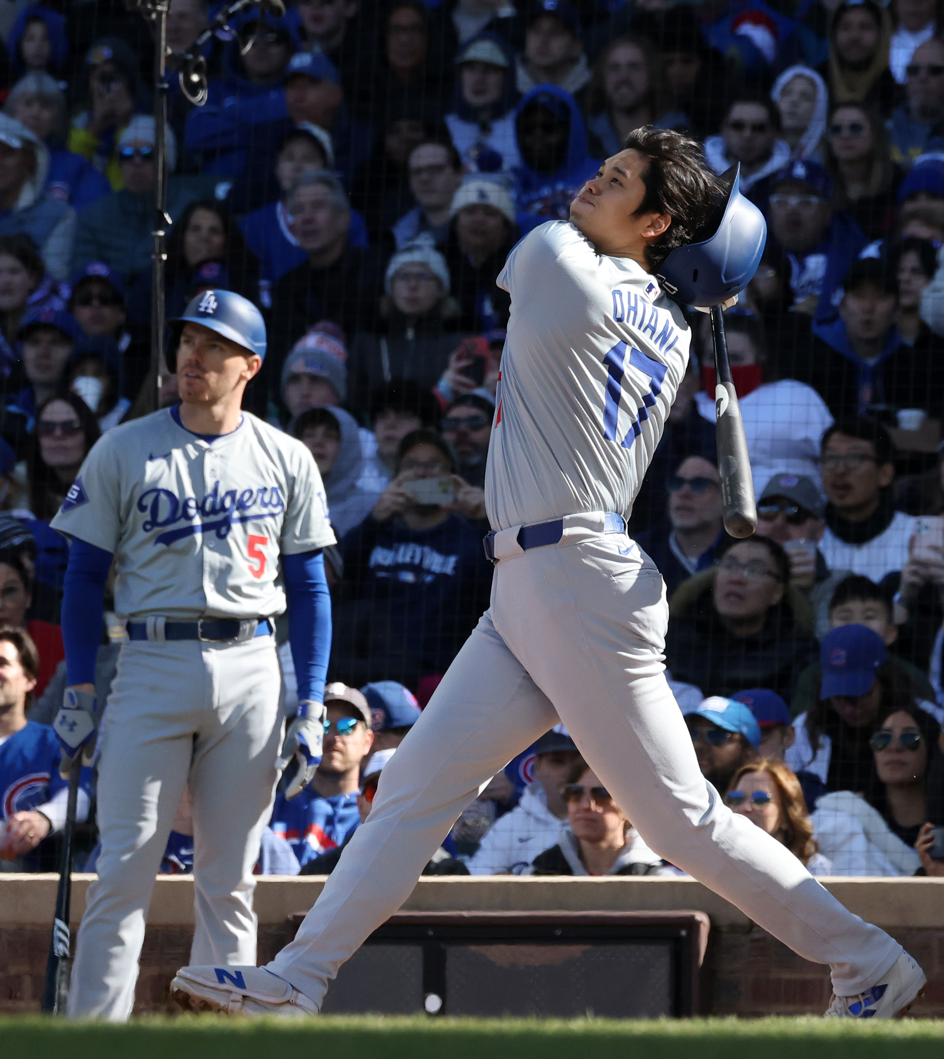 Dodgers designated hitter Shohei Ohtani (17) flies out in the third inning against the Cubs at Wrigley Field on April 6, 2024, in Chicago. (John J. Kim/Chicago Tribune)