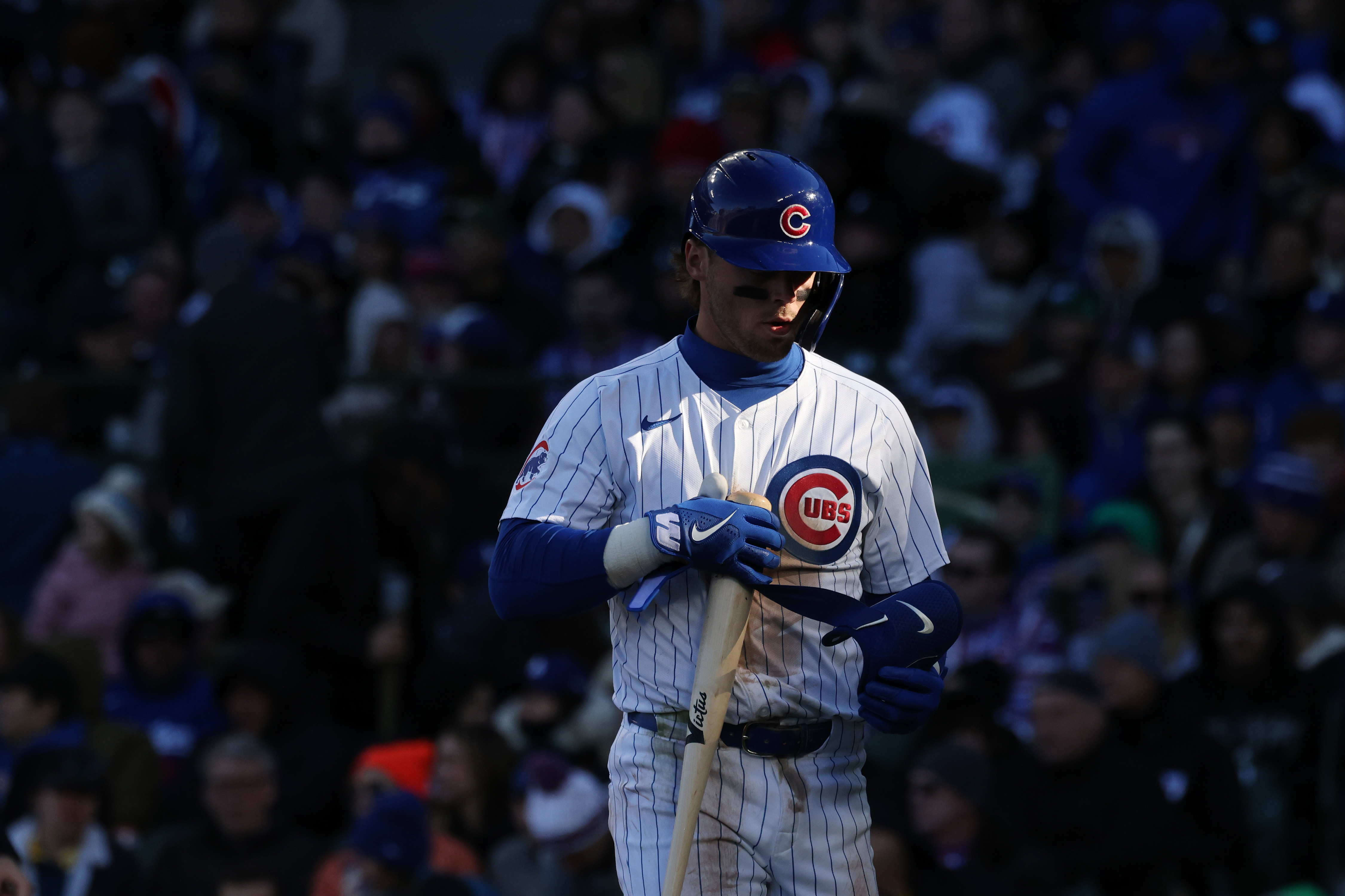 Cubs second baseman Nico Hoerner heads to the dugout after being called out on strikes to end the sixth inning against the Dodgers on April 6, 2024, at Wrigley Field. (John J. Kim/Chicago Tribune)