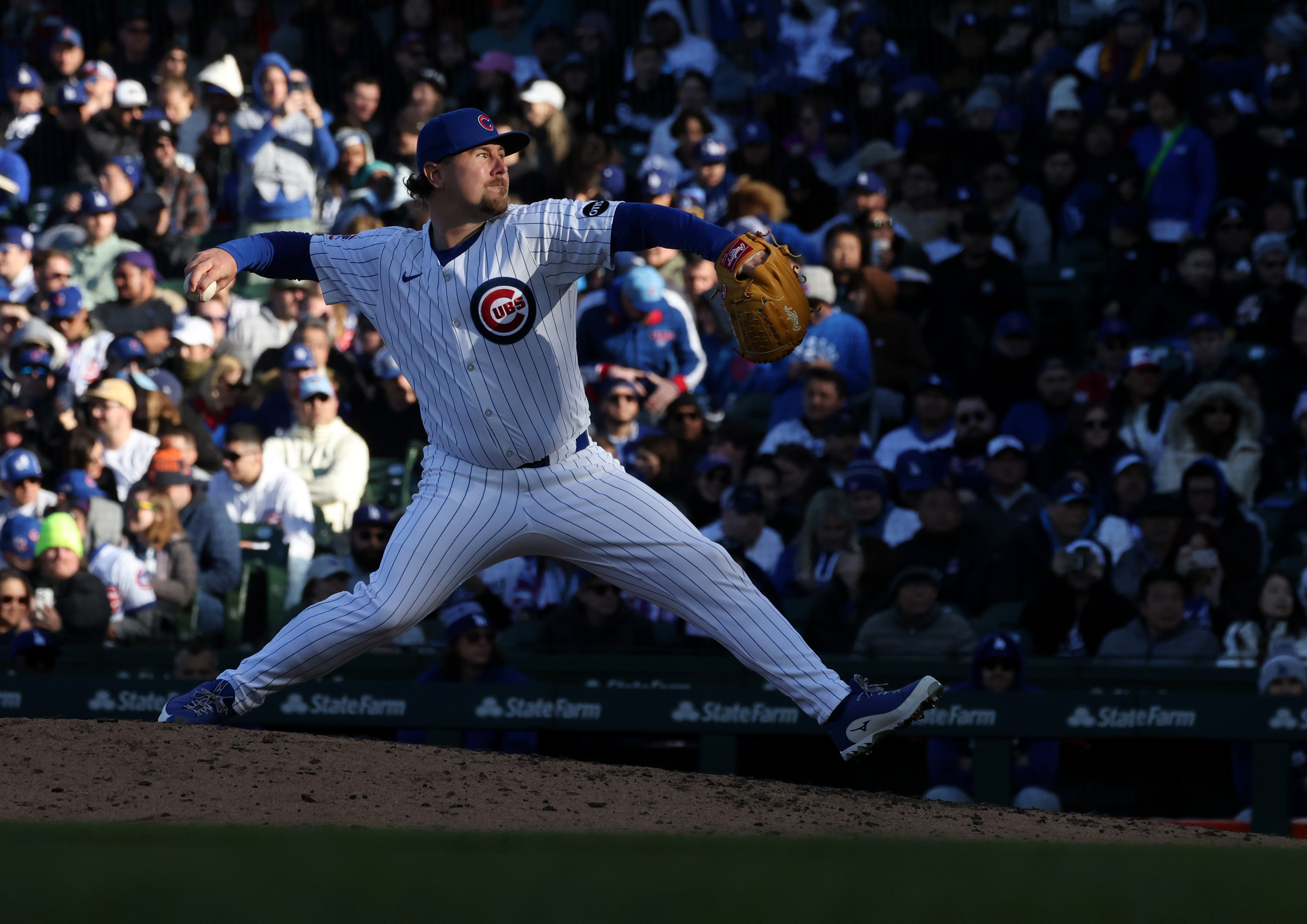 Cubs pitcher Mark Leiter Jr. throws against the Dodgers in the ninth inning at Wrigley Field on April 6, 2024, in Chicago. (John J. Kim/Chicago Tribune)