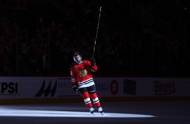 Center Connor Bedard is announced as the No.1 star of the game after a Blackhawks victory over the Senators on Feb. 17, 2024, at the United Center. (Chris Sweda/Chicago Tribune)