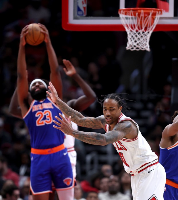 Chicago Bulls forward DeMar DeRozan (11) reacts in the second half of a game against the New York Knicks at the United Center in Chicago on April 9, 2024. (Chris Sweda/Chicago Tribune)
