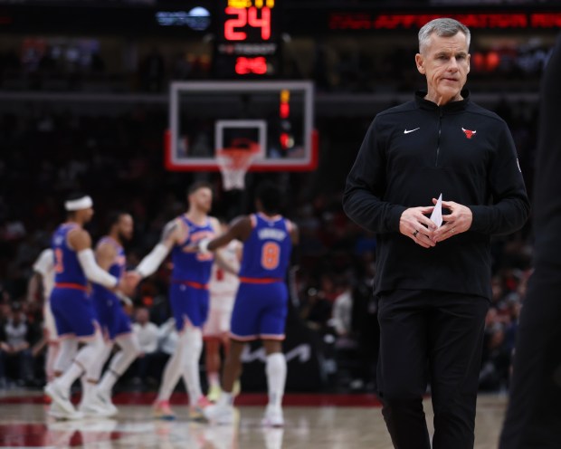 Chicago Bulls head coach Billy Donovan walks on the court going into a timeout in the first half of a game against the New York Knicks at the United Center in Chicago on April 9, 2024. (Chris Sweda/Chicago Tribune)
