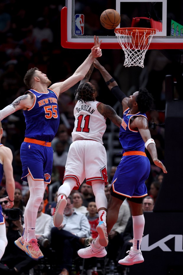 Chicago Bulls forward DeMar DeRozan (11) drives to the hoop in the second half of a game against the New York Knicks at the United Center in Chicago on April 9, 2024. (Chris Sweda/Chicago Tribune)
