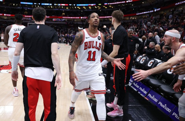 Chicago Bulls forward DeMar DeRozan (11) walks off the floor after a loss to the New York Knicks at the United Center in Chicago on April 9, 2024. (Chris Sweda/Chicago Tribune)