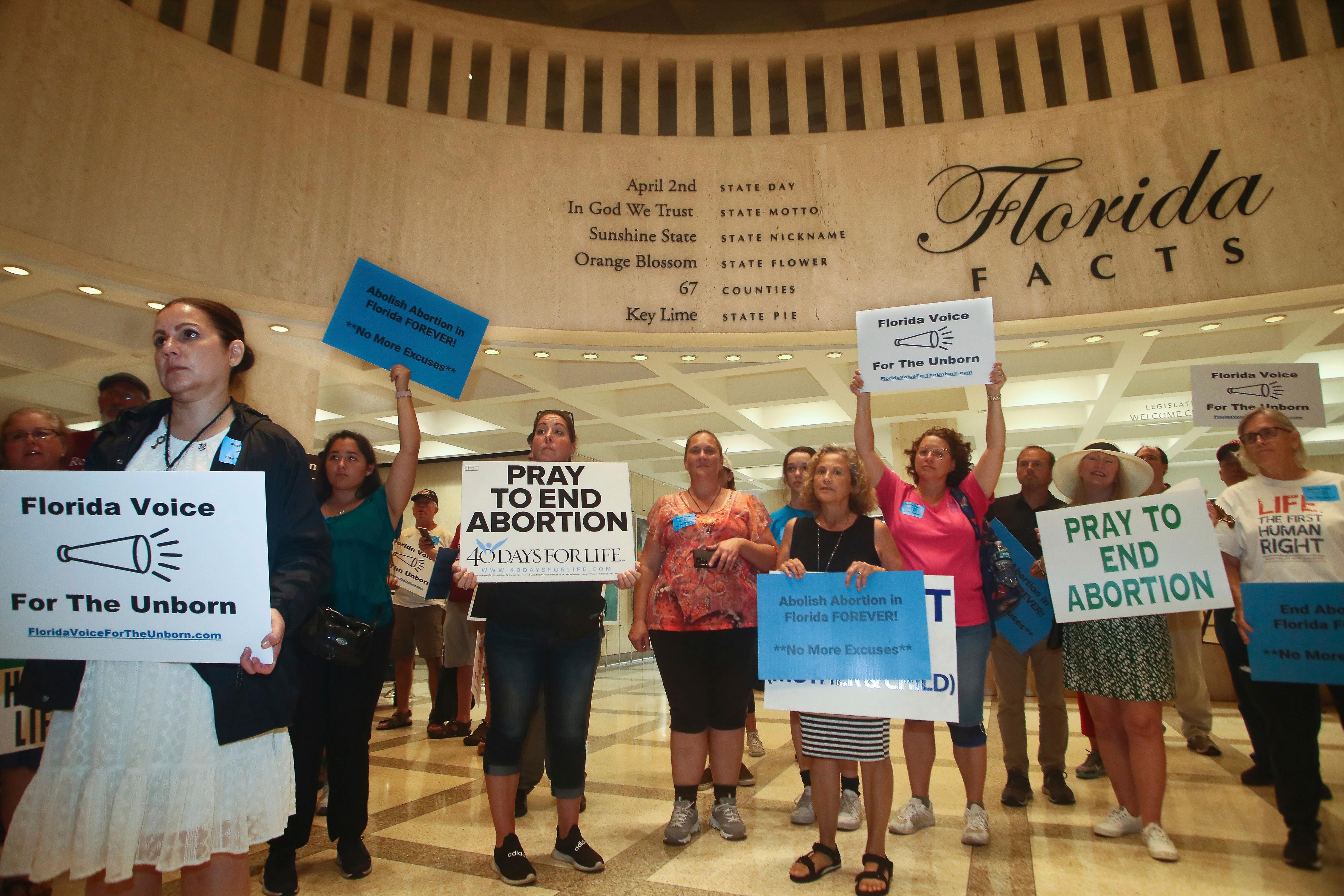 FILE - Supporters of Florida Voice For The Unborn demonstrate outside the fourth floor as legislators work on property insurance bills, May 24, 2022, at the state Capitol in Tallahassee, Fla. The Florida Supreme Court ruled Monday, April 1, 2024, that a ballot measure to enshrine the right to abortion in the state constitution can go before voters in November. (AP Photo/Phil Sears, File)