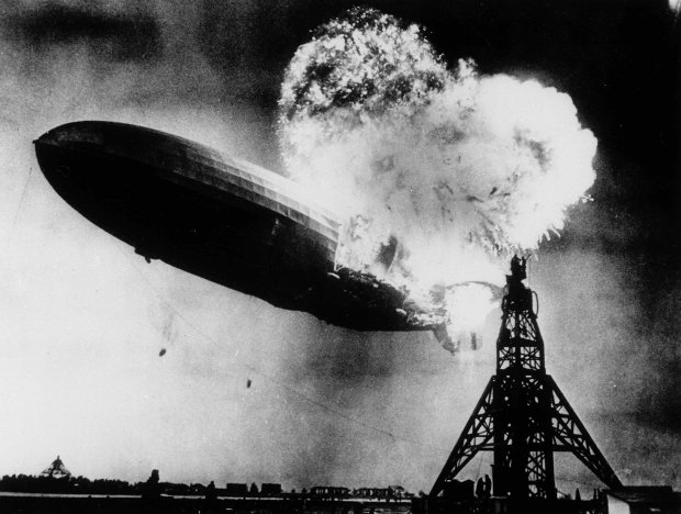 This photo, taken during the initial explosion of the Hindenburg, shows the 804-foot German zeppelin just before subsequent explosions sent the ship crashing to the ground at Lakehurst Naval Air Station in Lakehurst, N.J., May 6, 1937.(Philadelphia Public Ledger) 