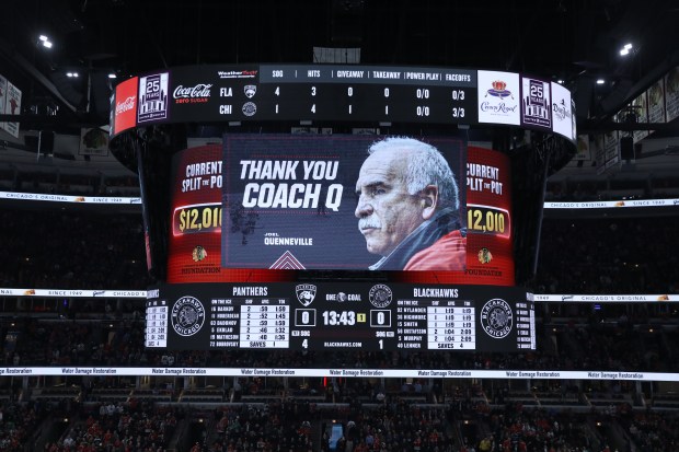 Panthers coach Joel Quenneville is honored during a timeout in the first period against the Blackhawks at the United Center in Chicago on Jan. 21, 2020. (Chris Sweda/Chicago Tribune)