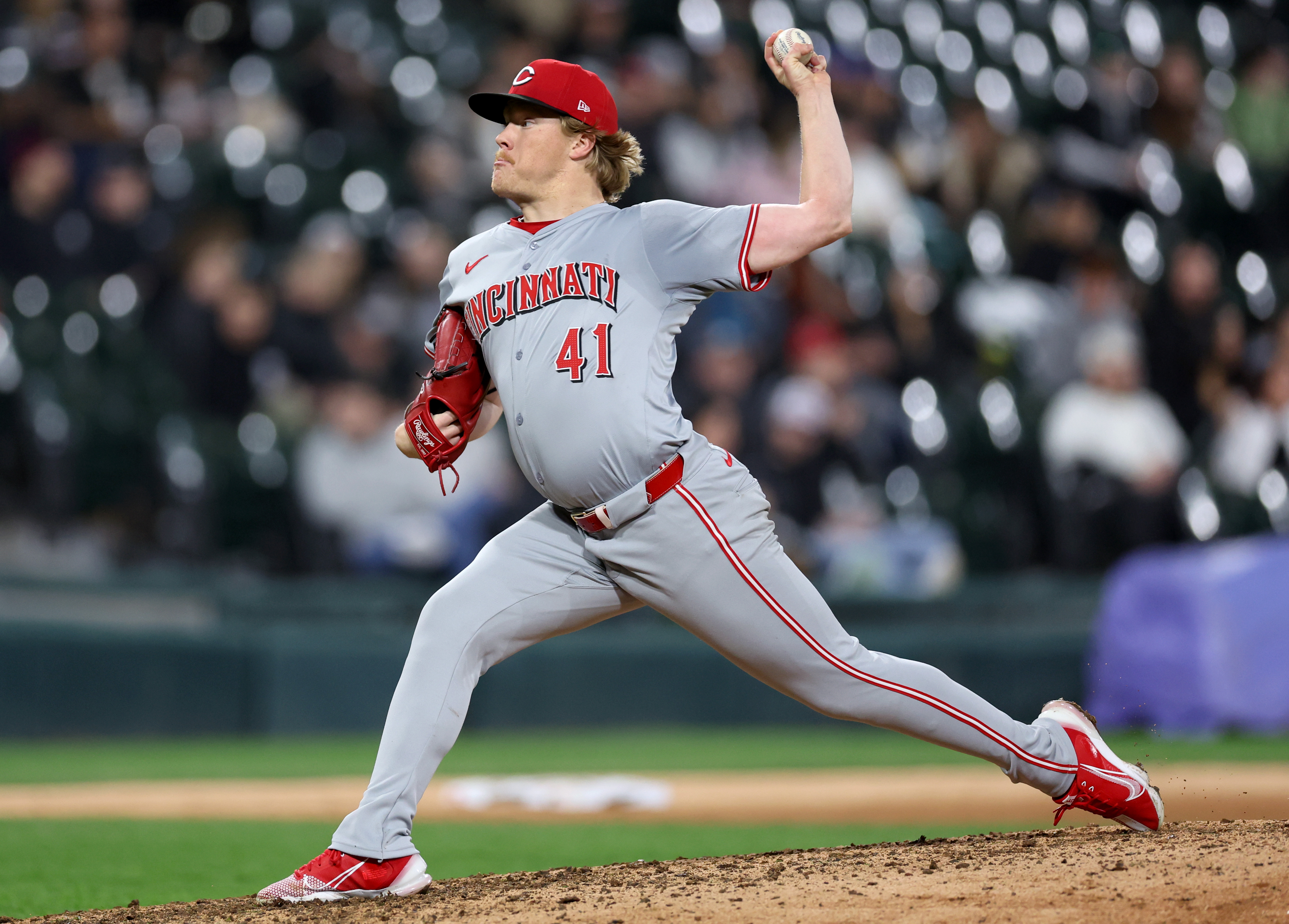 Reds starting pitcher Andrew Abbott delivers to the White Sox in the seventh inning on April 12, 2024, at Guaranteed Rate Field. (Chris Sweda/Chicago Tribune)