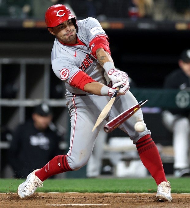 Reds first baseman Christian Encarnacion-Strand drives in two runs on a broken-bat single in the eighth inning against the White Sox on April 12, 2024, at Guaranteed Rate Field. (Chris Sweda/Chicago Tribune)