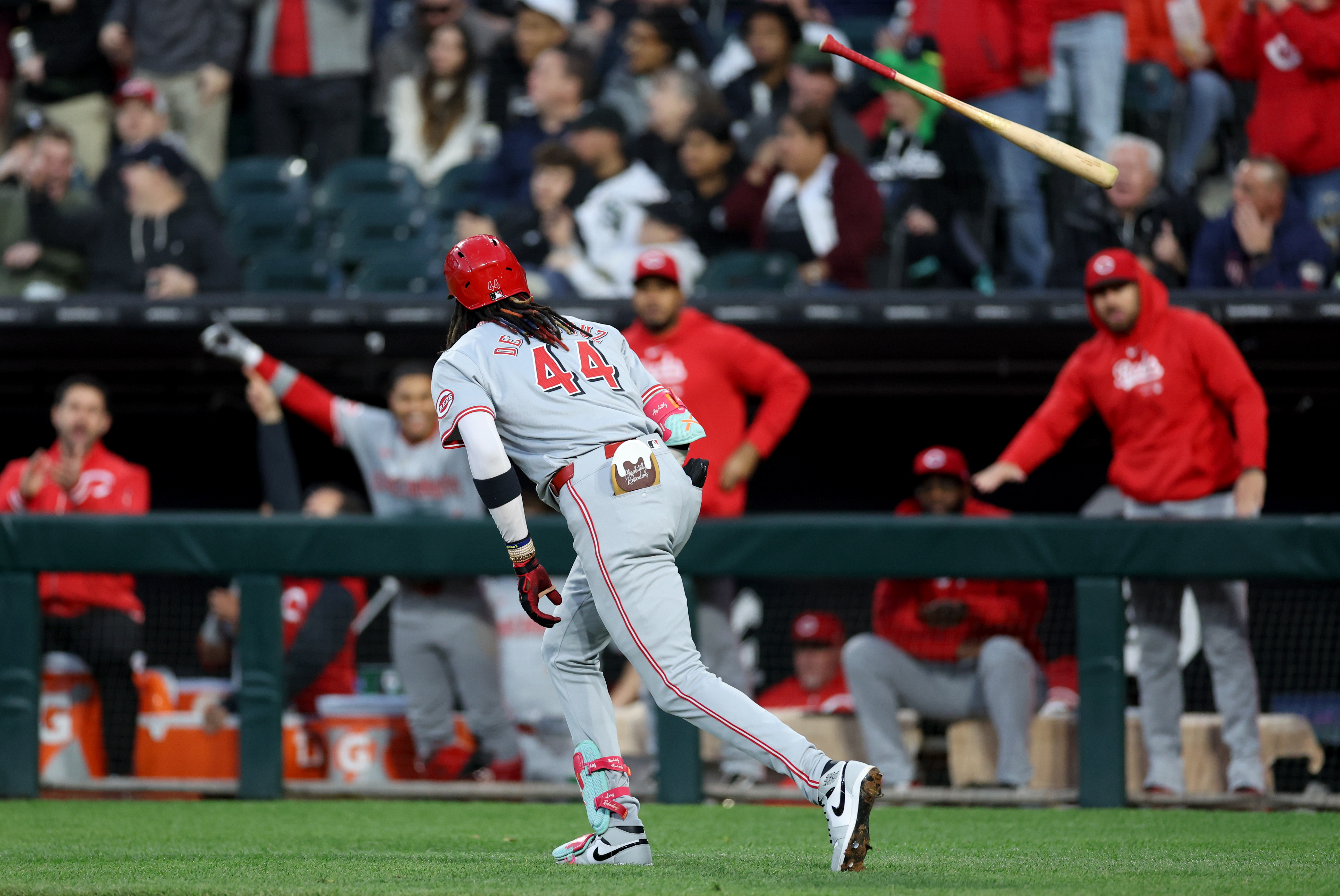 Reds shortstop Elly De La Cruz tosses his bat after hitting a three-run home run in the third inning against the White Sox on April 12, 2024, at Guaranteed Rate Field. (Chris Sweda/Chicago Tribune)