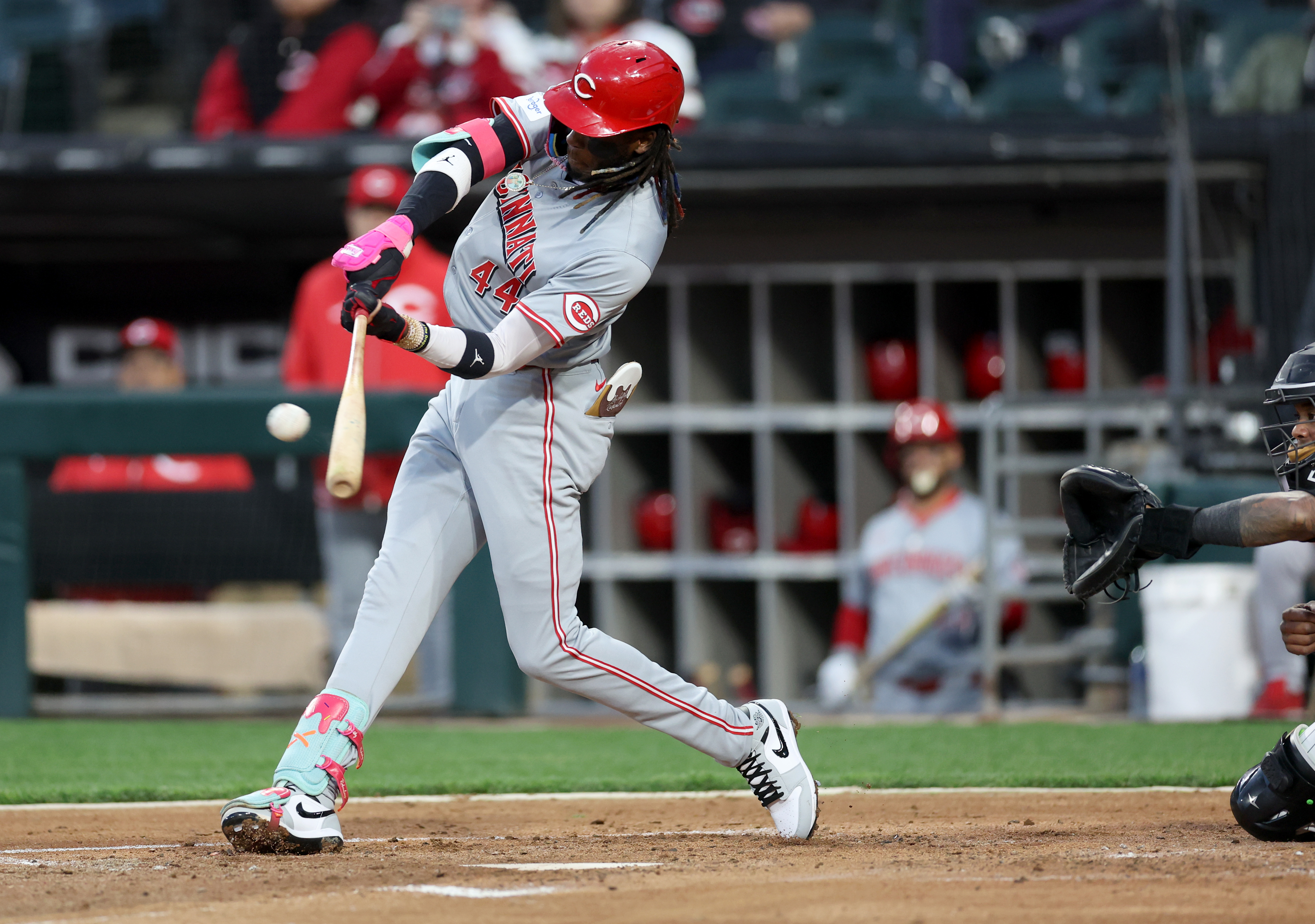 Reds shortstop Elly De La Cruz hits a three-run home run in the third inning against the White Sox on April 12, 2024, at Guaranteed Rate Field. (Chris Sweda/Chicago Tribune)