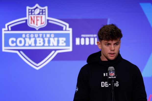 Iowa's Cooper Dejean speaks to media at the NFL combine on Feb. 29, 2024 in Indianapolis. (Photo by Justin Casterline/Getty Images)