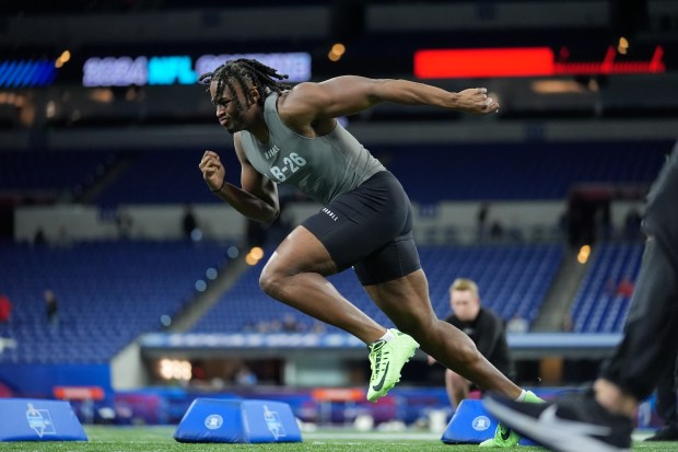 Alabama linebacker Dallas Turner runs a drill at the NFL combine on Feb. 29, 2024, in Indianapolis. (AP Photo/Michael Conroy)