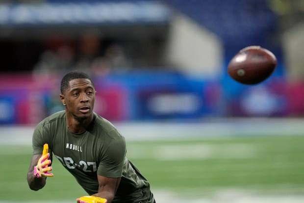 Toledo defensive back Quinyon Mitchell runs a drill at the NFL combine on March 1, 2024, in Indianapolis. (AP Photo/Darron Cummings)