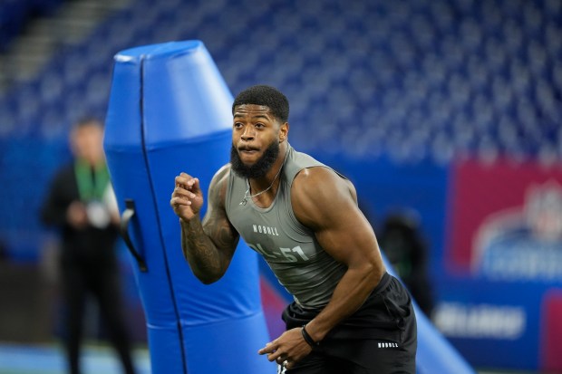 Florida State defensive lineman Jared Verse runs a drill at the NFL combine on Feb. 29, 2024, in Indianapolis. (AP Photo/Michael Conroy)