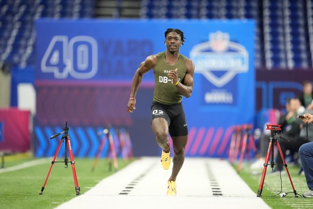 Alabama defensive back Terrion Arnold runs the 40-yard dash at the NFL combine on March 1, 2024, in Indianapolis. (AP Photo/Michael Conroy)