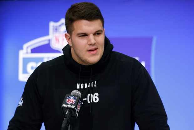 Duke's Graham Barton speaks to media at the NFL combine on March 2, 2024 in Indianapolis. (Photo by Justin Casterline/Getty Images)
