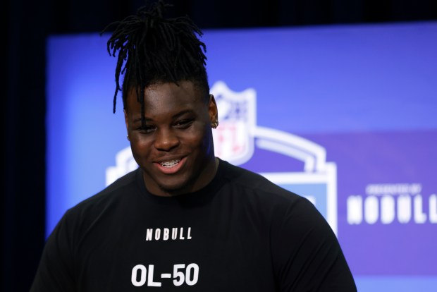 Georgia's Amarius Mims speaks to the media during the NFL combine on March 2, 2024, in Indianapolis. (Justin Casterline/Getty Images)