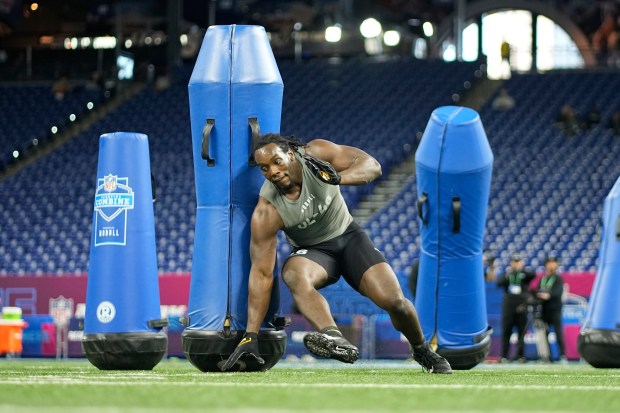 Missouri defensive lineman Darius Robinson runs a drill at the NFL combine on Feb. 29, 2024, in Indianapolis. (AP Photo/Darron Cummings)