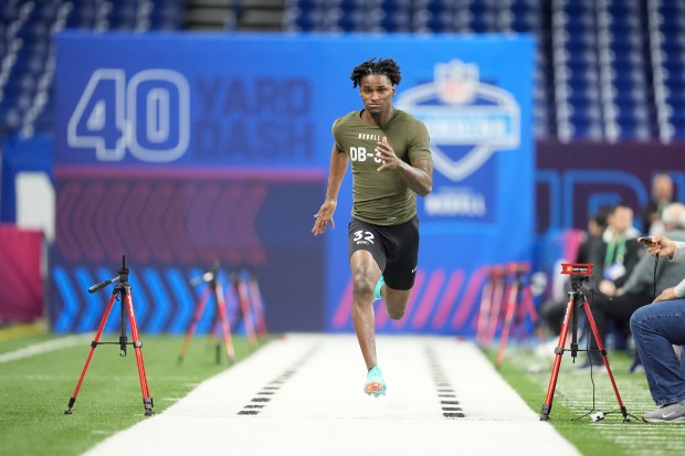 Missouri defensive back Ennis Rakestraw Jr. runs the 40-yard dash at the NFL combine on March 1, 2024, in Indianapolis. (AP Photo/Michael Conroy)