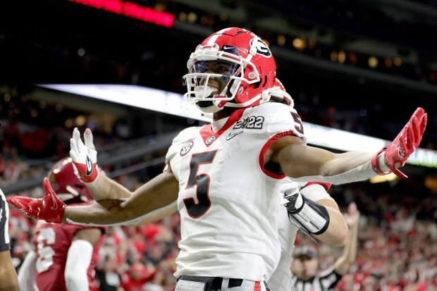Georgia's Adonai Mitchell reacts after scoring a touchdown in the fourth quarter of the game against Alabama on on Jan. 10, 2022 in Indianapolis. (Photo by Carmen Mandato/Getty Images)