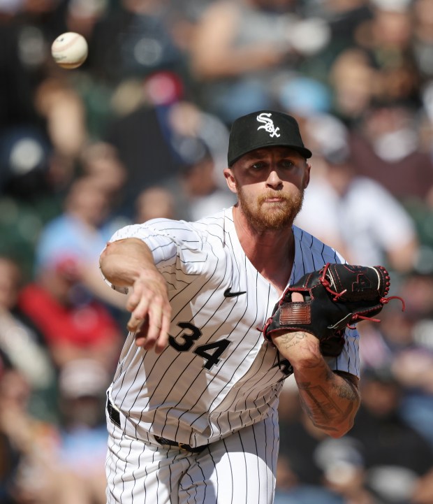 White Sox relief pitcher Michael Kopech throws to first base in the ninth inning against the Reds at Guaranteed Rate Field on April 13, 2024, in Chicago. (John J. Kim/Chicago Tribune)