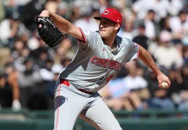 Reds starting pitcher Nick Lodolo throws in the fifth inning against the White Sox at Guaranteed Rate Field on April 13, 2024, in Chicago. This was Lodolo's MLB debut. (John J. Kim/Chicago Tribune)