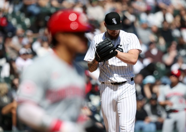 White Sox starting pitcher Garrett Crochet stands on the mound after walking Reds second baseman Santiago Espinal in the fourth inning on April 13, 2024, at Guaranteed Rate Field. (John J. Kim/Chicago Tribune)