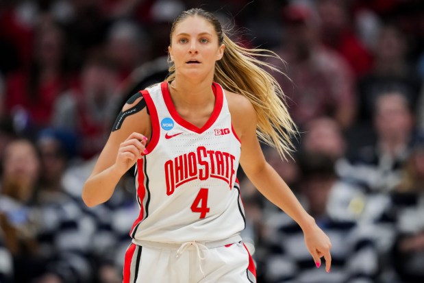 Ohio State guard Jacy Sheldon runs down the court during a first-round game in the NCAA Tournament against Maine on March 22, 2024. (AP Photo/Aaron Doster)
