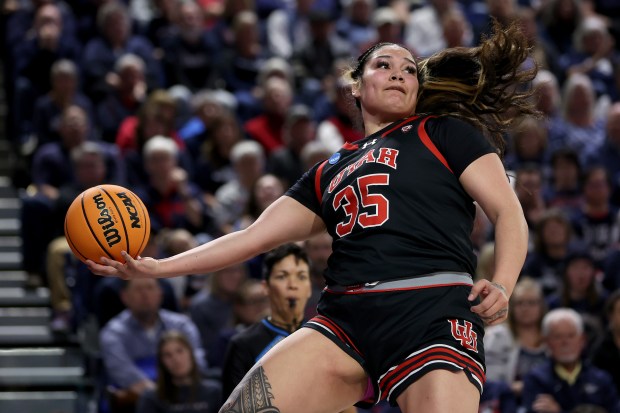 Utah's Alissa Pili keeps the ball in bounds against Gonzaga in a second-round game during the NCAA Tournament on March 25, 2024. (Photo by Steph Chambers/Getty Images)