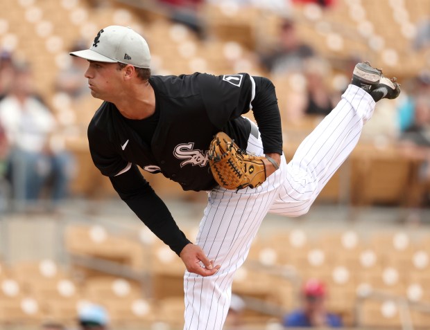 Chicago White Sox starting pitcher Nick Nastrini pitches in the top of the 1st inning against the Texas Rangers at Camelback Ranch on Monday, feb. 26, 2024, in Glendale, Arizona.The White Sox lost to the Rangers 4-2. (Stacey Wescott/Chicago Tribune)