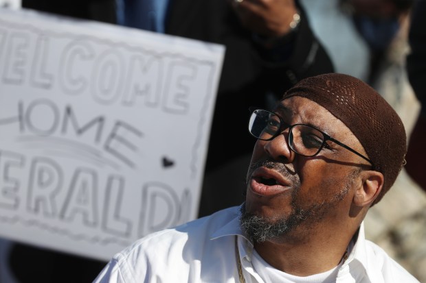 Gerald Reed speaks after being released from Stateville Correctional Center in Crest Hill on April 2, 2021. (John J. Kim/Chicago Tribune)