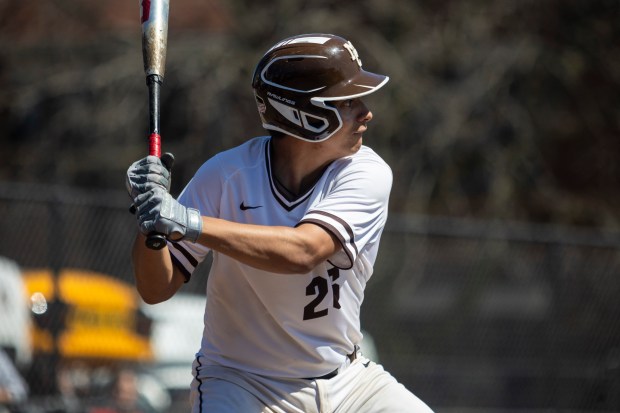 Mount Carmel's Mario Medina at bat against St. Rita during a Catholic League Blue game in Chicago on Saturday, April 13, 2024. (Vincent D. Johnson/for the Daily Southtown)