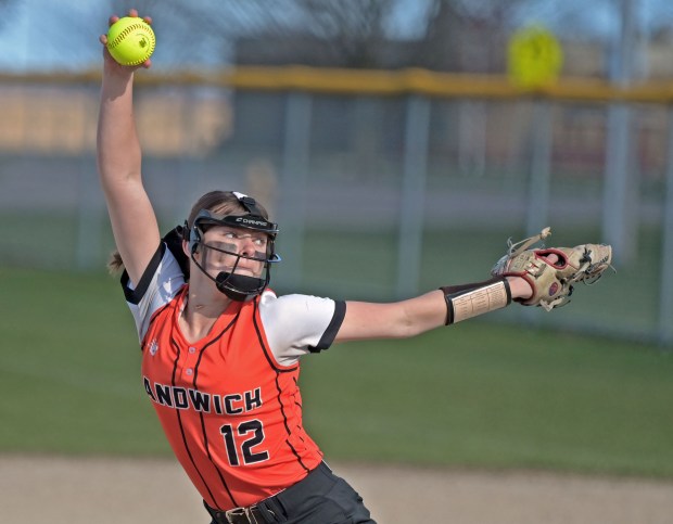 Sandwich's Brooklyn Marks delivers a pitch to home. Sandwich defeated Serena in softball, 8-1, Friday, April 12, 2024, in Sandwich, Illinois. (Jon Langham/for the Beacon-News)