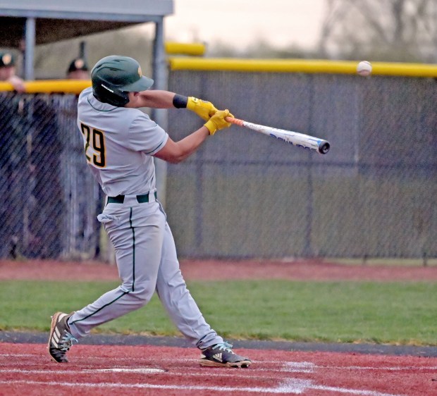 Waubonsie Valley's Hiroshy Wong hits a three-run home run in the fifth inning. Waubonsie Valley defeated Metea Valley in baseball, 7-3, Tuesday, April 16, 2024, in Aurora, Illinois. (Jon Langham/for the Beacon-News)