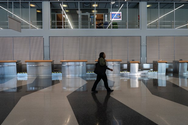 The former Delta Airlines counter in Terminal 2 at O'Hare International Airport, April 9, 2024. (E. Jason Wambsgans/Chicago Tribune)